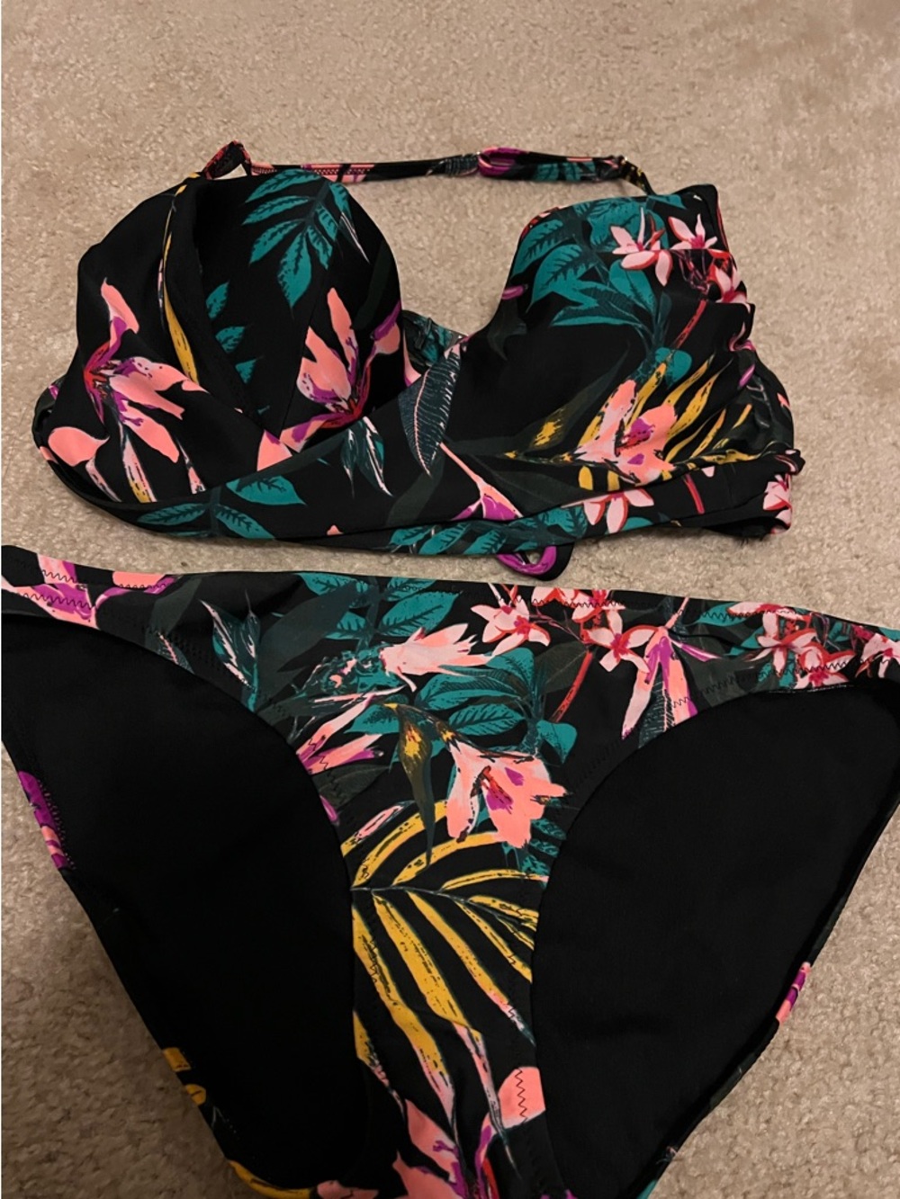 Tropical Floral Black Halter Bikini Set with Pink & Teal Accents